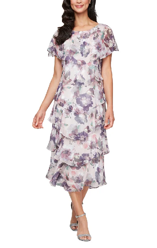 Printed Chiffon Tiered Dress With Capelet Sleeves and Embellishment at Shoulders Best Sellers