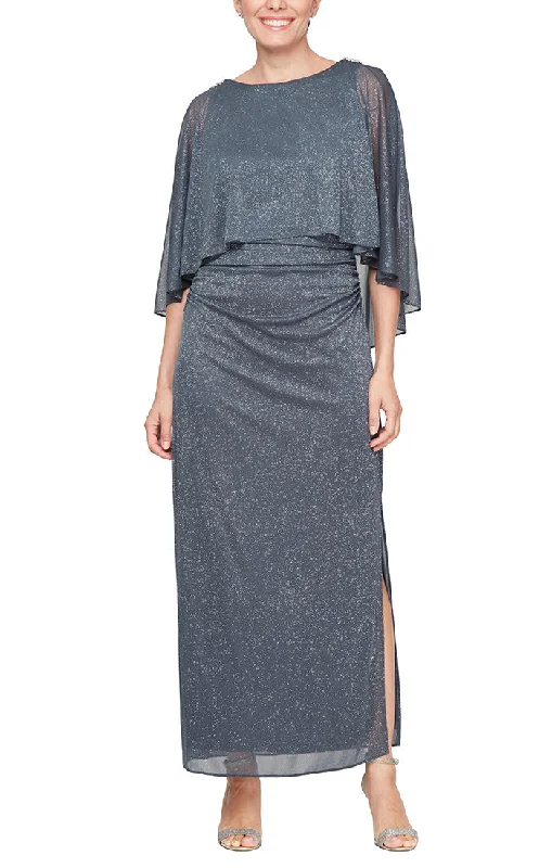 Long Glitter Mesh Column Dress with Cold Shoulder Popover and Embellishment Detail at Shoulders Eco Friendly Fashion Sale