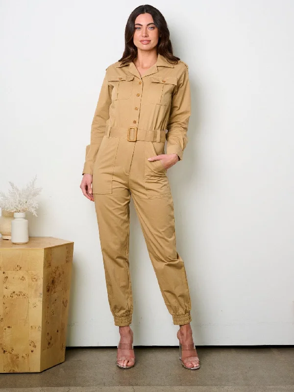 WOMEN'S LONG SLEEVE BUTTON UP POCKETS JOGGER JUMPSUIT Bold Fashion