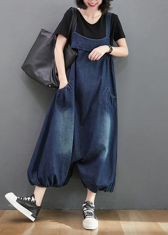 Loose Dark Blue Slash Neck Patchwork Lantern Jumpsuit Summer Daily Deals