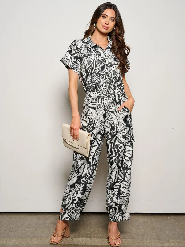 WOMEN'S SHORT PUFF SLEEVE BUTTON UP POCKETS MULTI PRINT JUMPSUIT Fashion Essentials