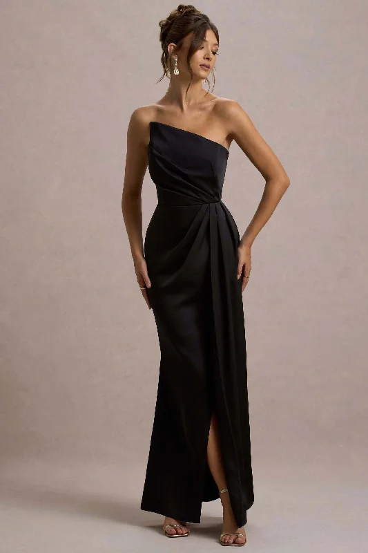 Cairo | Black Satin Strapless Draped Maxi Dress Versatile Wardrobe Essentials