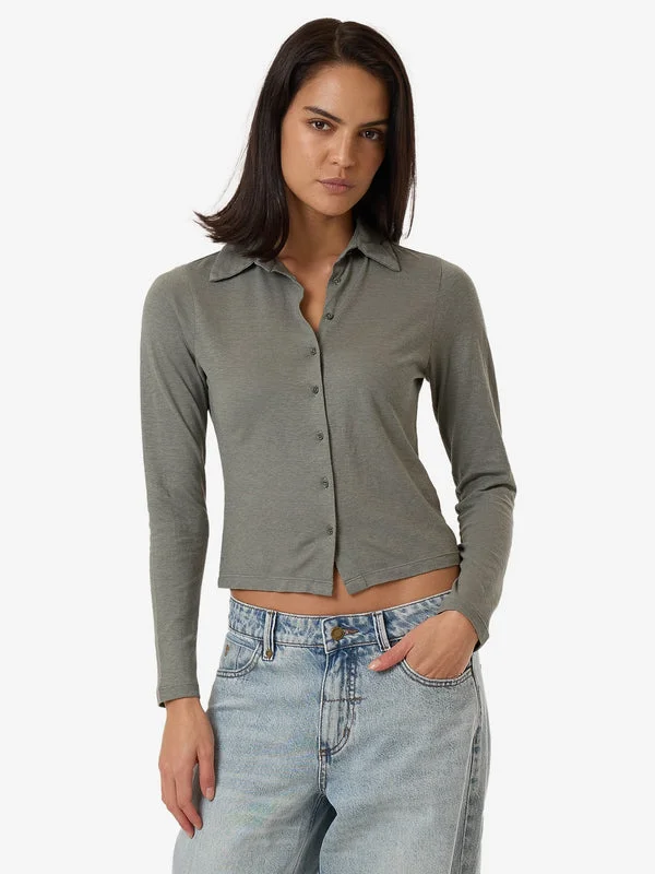 THRILLS Hemp Collared Long Sleeve Woven - GREEN SMOKE Cutting Edge Fashion