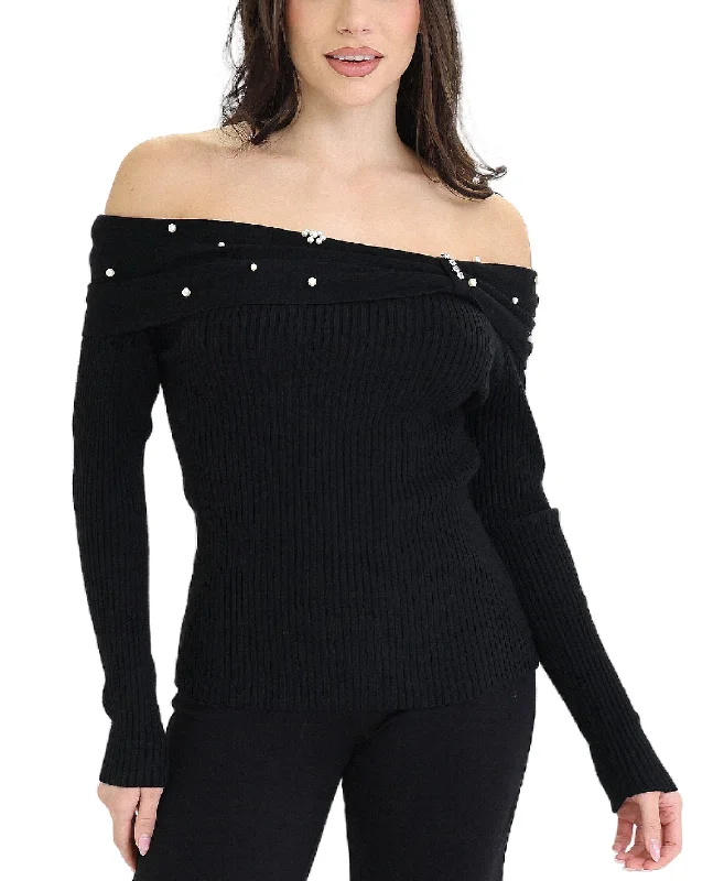 Off Shoulder Top w/ Pearls & Rhinestones Premium Quality Garments