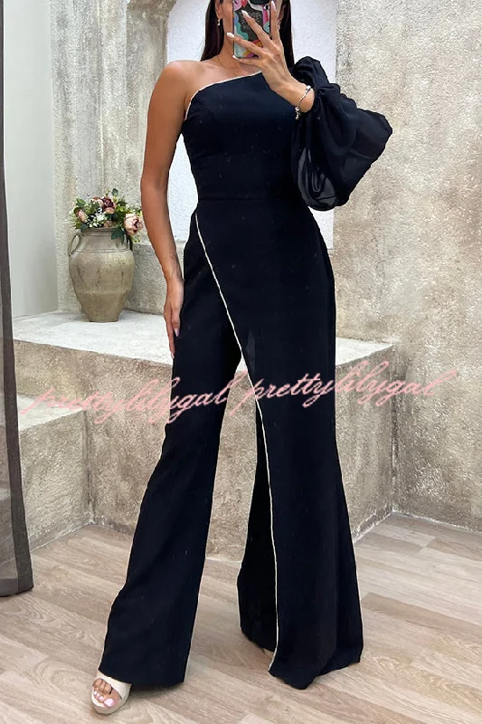 Fashion Diary Asymmetrical Design Diamond Trim One Shoulder Party Jumpsuit Trendy And Individual Women's Fashion