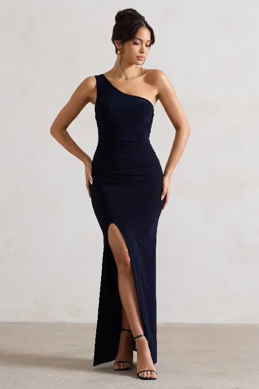 Ethereal | Navy One Shoulder Ruched Split Maxi Dress Flash Sale Starts