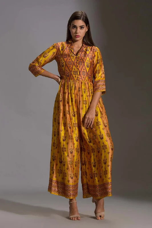 Yellow Printed Silk Jumpsuit Bold Fashion