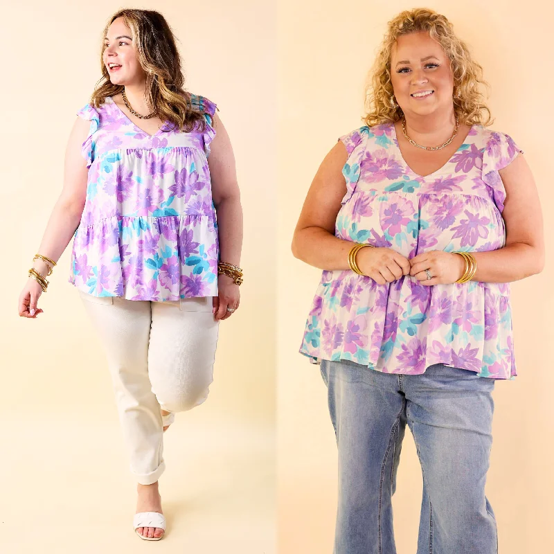 Inspiring Sights Floral V Neck Top with Ruffle Cap Sleeves in Lavender Purple Dreamy Aesthetic