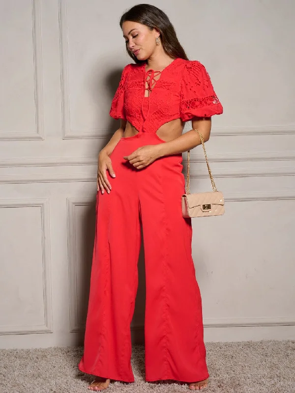 WOMEN'S SHORT SLEEVE V-NECK CUT OUT WIDE LEG JUMPSUIT Seize Bargains