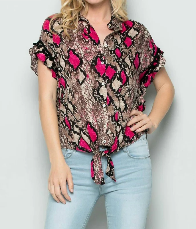 Snake Skin Front Tie Top In Pink Flowy Fabric