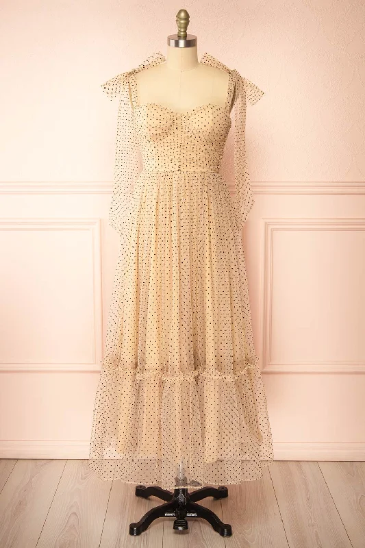 Polkarine | Cream Tulle Maxi Dress w/ Polka Dots Graceful Drape