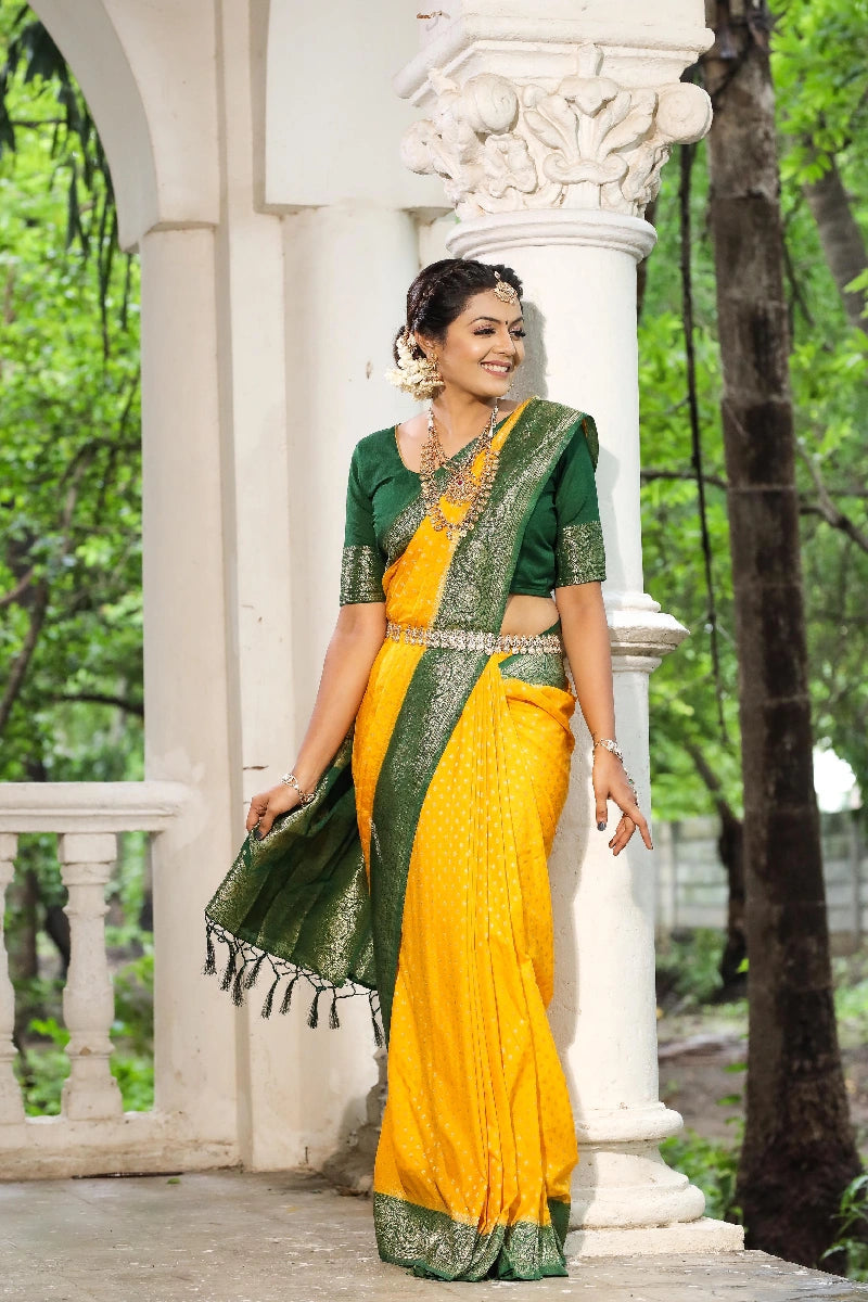 Yellow Green Combination Colour Silk Saree For Pithi Rasam Tropical Island - Inspired Attire