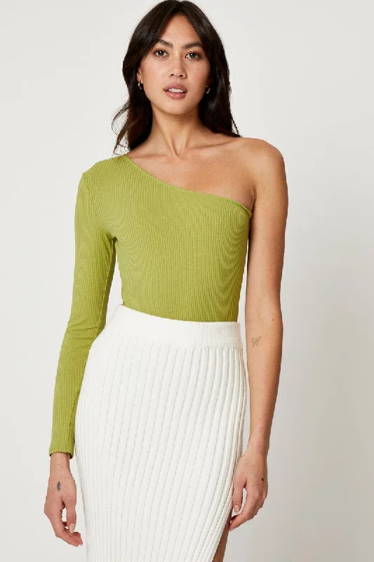 Green One Shoulder Ribbed Top Cool Prices