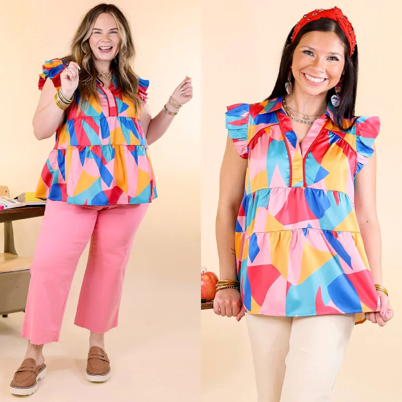 I Can't Wait V Neck with Ruffled Sleeves Top in Multicolor Trend Setting Threads