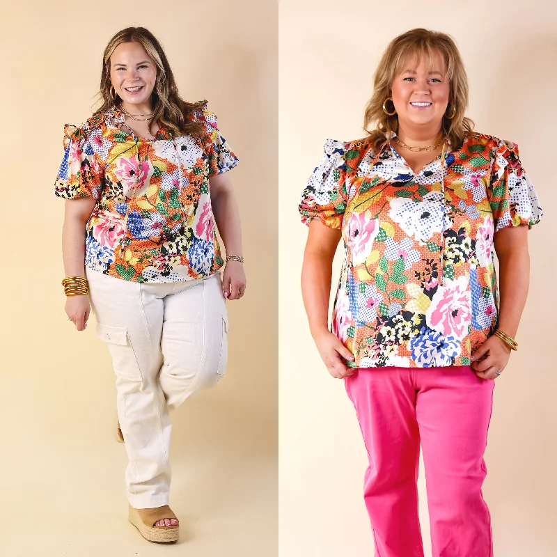 Malibu Villa Floral Print Top with Keyhole and Tie Neckline in Orange Mix Polished Finish