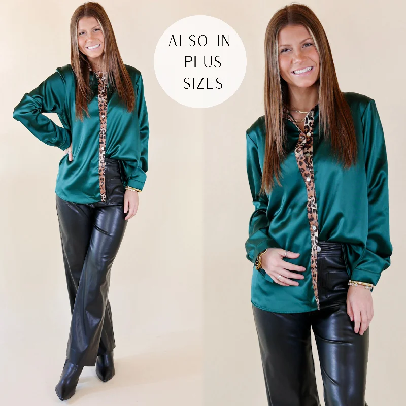 Sugar On Top Long Sleeve Button Up Satin Top with Leopard Print Trim in Forest Green Feminine Soft - Hued Look