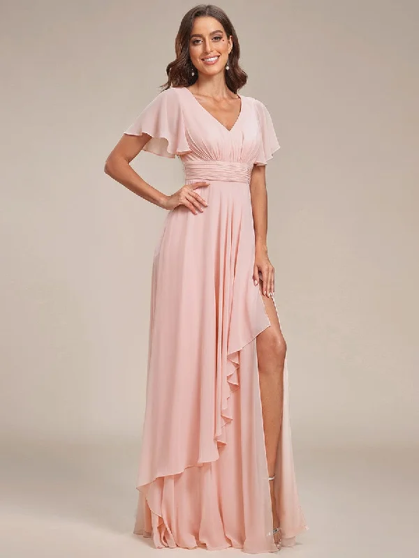 Ruffles Sleeve High Slit with Louts Leaf Chiffon Evening Dress Exclusive Sale