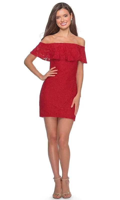 La Femme - Draped Lace Off Shoulder Short Dress 28147SC Holiday Glam