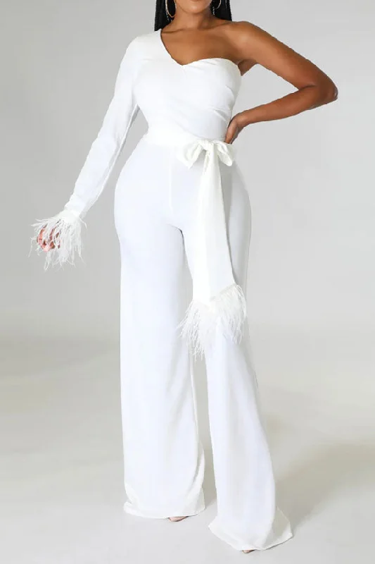 Solid Color Feather Trim Glamorous One Shoulder Belted Jumpsuit New Arrivals