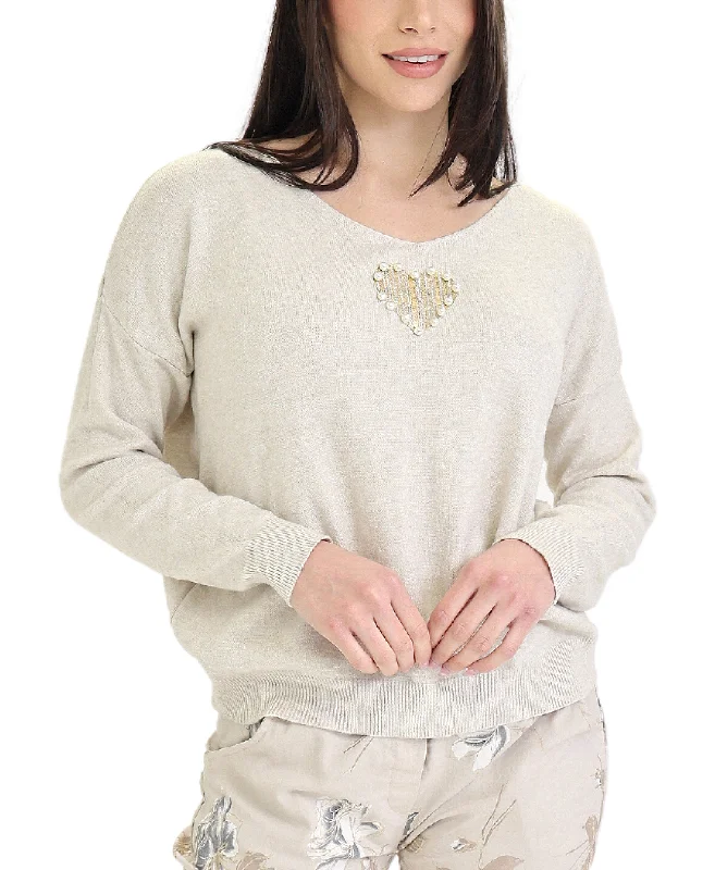 Knit Top w/ Metallic & Pearl Heart Trendy Women's Collection