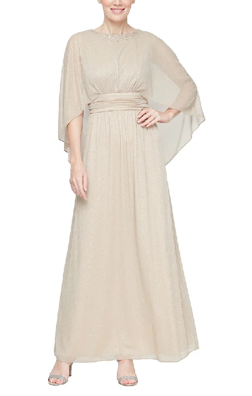 Long Glitter Mesh Ruched Waist Dress with Capelet Sleeves and Embellishment at Neckline Chic & Cozy Collection