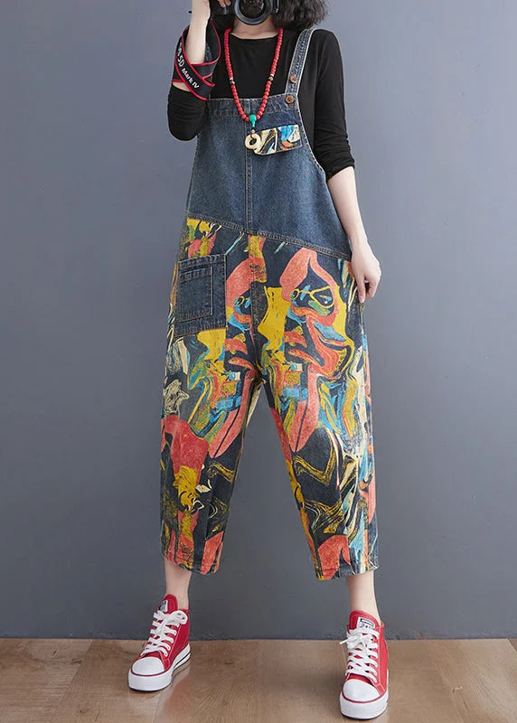 French Navy Pocket Print Denim Jumpsuit Spring Luxury Fashion