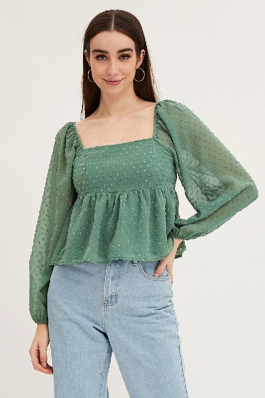 Green Puff Sleeve Peplum Top Casual Chic