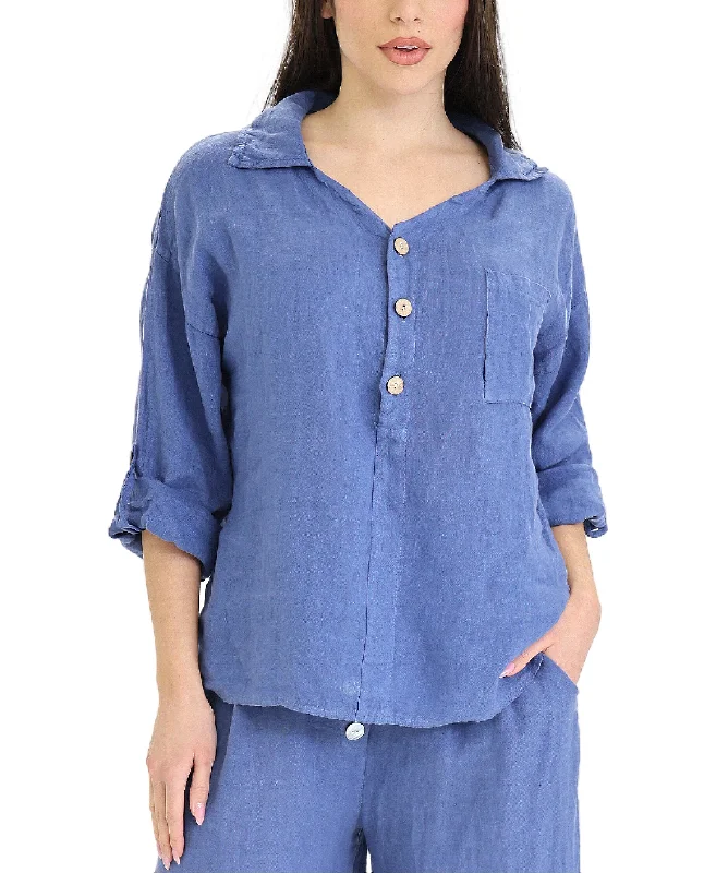 Linen Shirt w/ 1/2 Buttons Trendy And Individual Women's Fashion