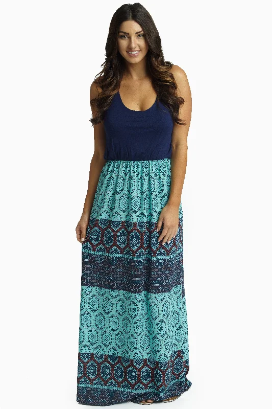 Aqua Navy Geometric Bottom Maxi Dress Daily Deals