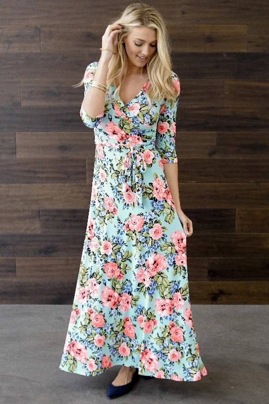 Aqua Neon Floral Draped 3/4 Sleeve Maxi Dress Fashion Sale