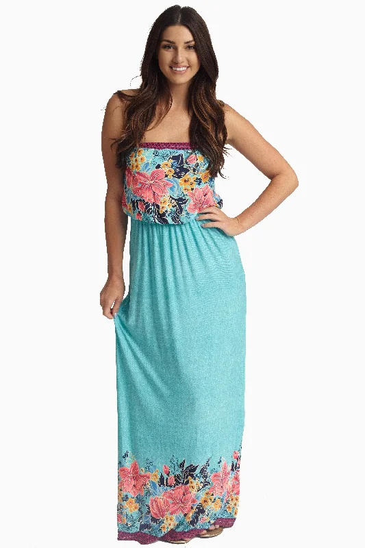 Aqua Tropic Floral Strapless Maxi Dress Limited Edition