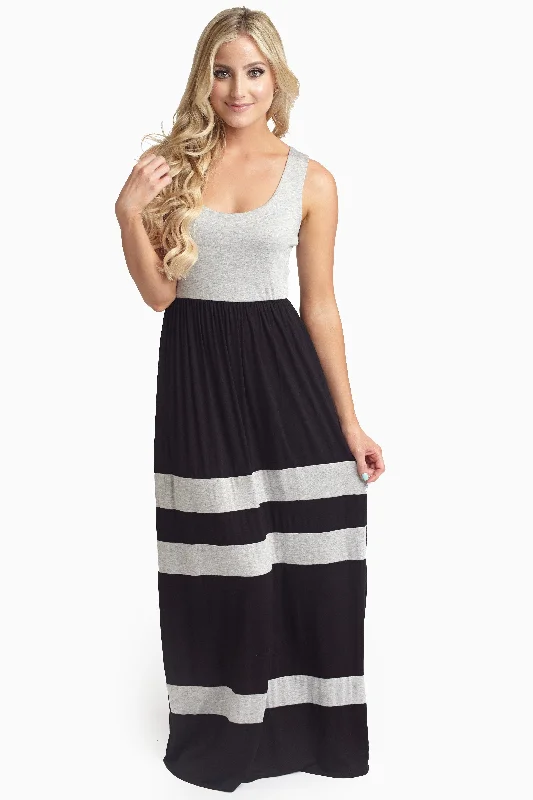 Black Grey Striped Bottom Colorblock Maxi Dress Vibrant Styles