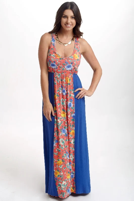 Blue Floral Colorblock Maxi Dress Evening Looks