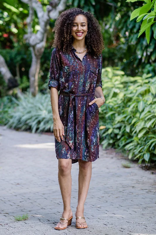 Chic Style Batik Rayon Collared Shirtdress from Bali End Of Season Sale