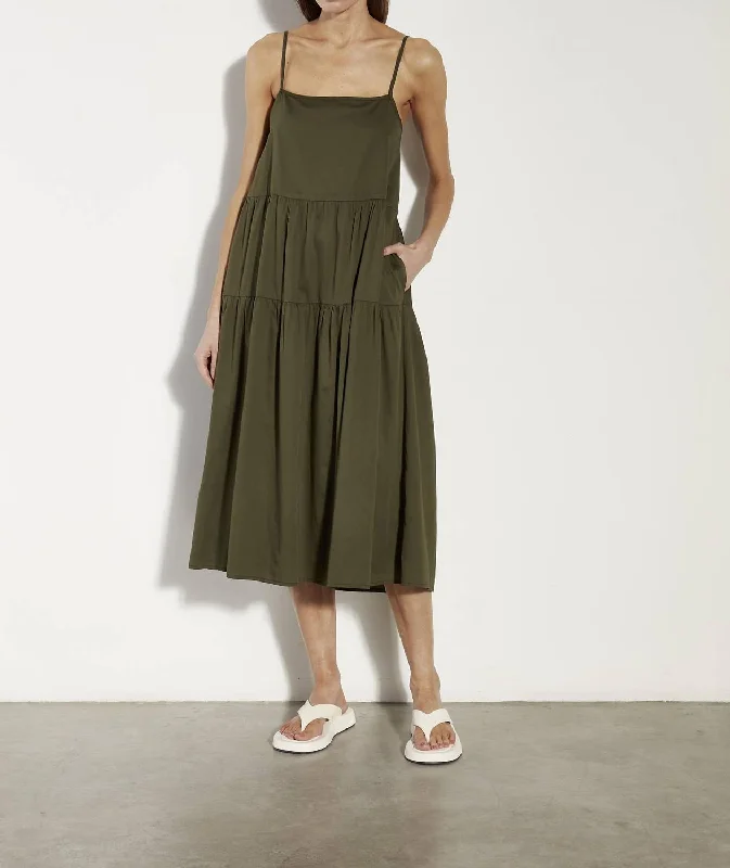 Cool Cotton Strappy Tiered Dress In Dark Olive You'Ll Love Us Because