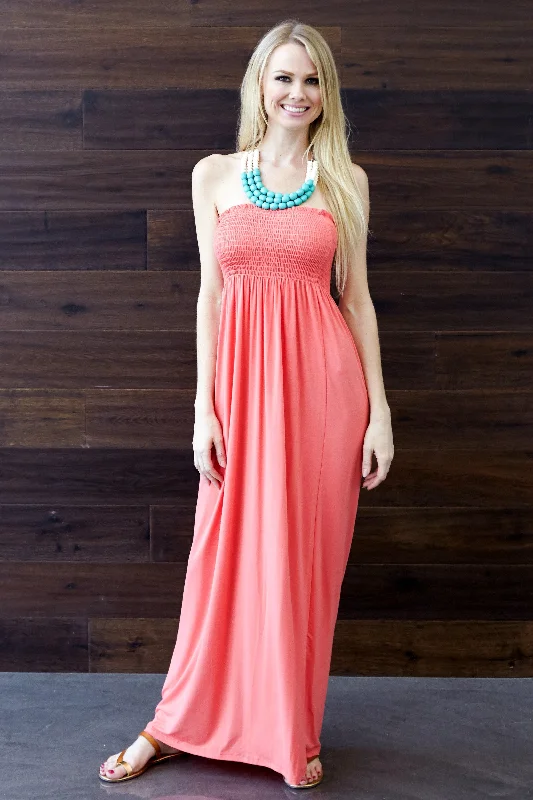 Coral Solid Strapless Maxi Dress Trendy Street Style Attire