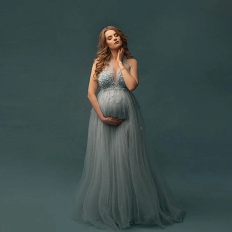 Elegant Light Blue Tulle 3D Flowers Maternity Photography Baby Shower Dresses Limited - Time Bundle