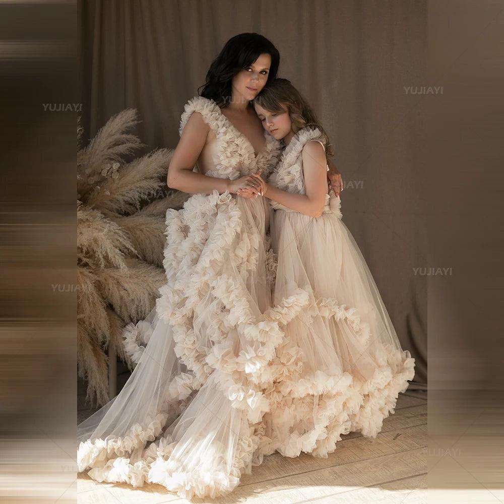 Elegant tiered ruffle tulle Mommy and Me matching dresses, perfect for mother-daughter and family photoshoots. Bold Silhouette