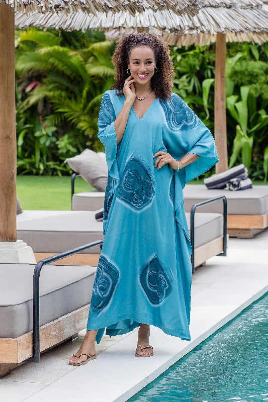 Floating Blue Hand-Painted Rayon Caftan from Bali Classic Timeless Elegant Style