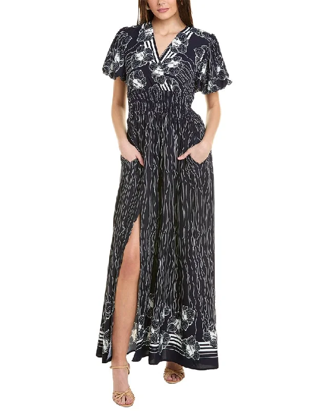 Gracia Lines & Flower Print V-Wrap Maxi Dress Elegant Style