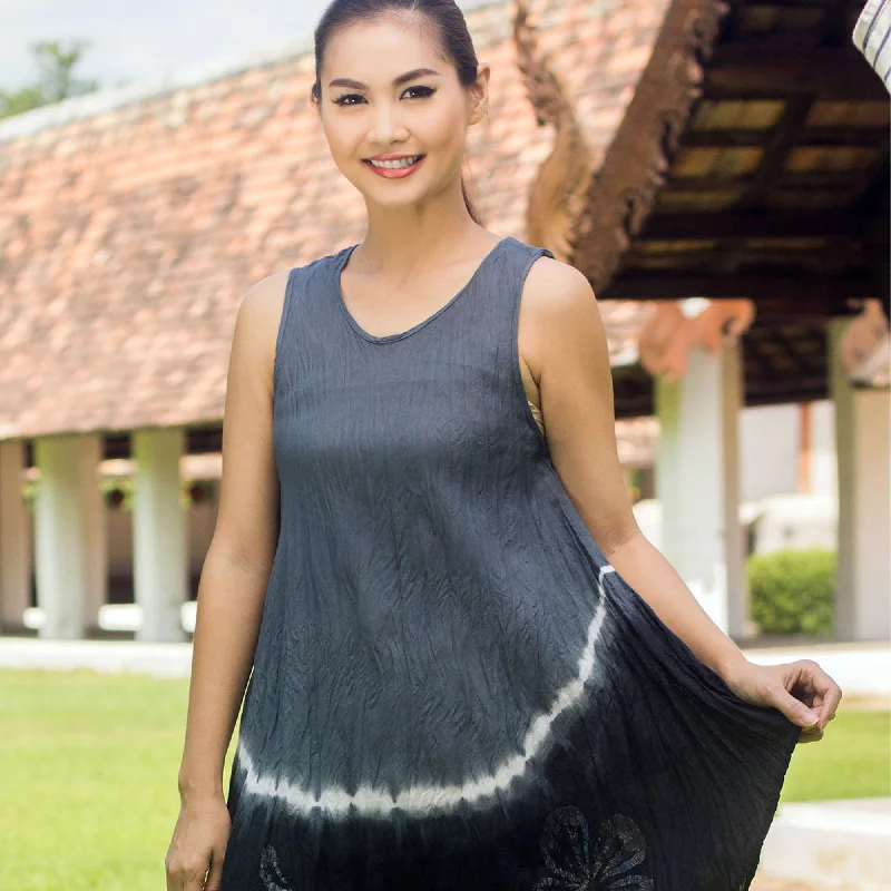 Grey Thai Holiday Cotton Batik Dress Cottagecore Rustic Charm Style