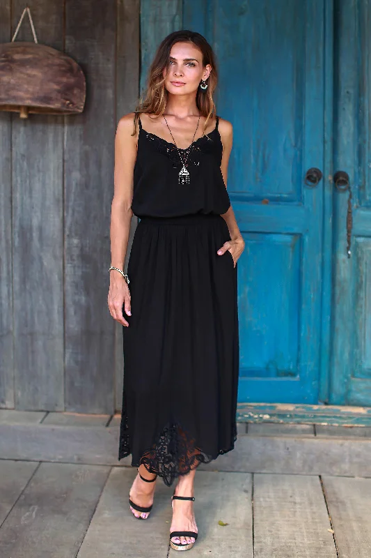 Juwita Style Hand-Embroidered Rayon Midi Skirt in Onyx from Bali Big Savings