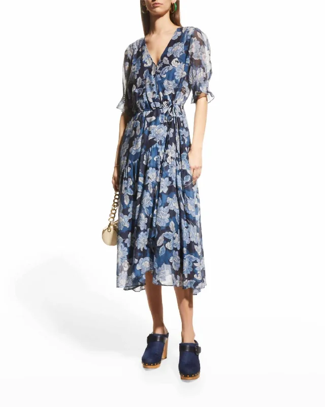 Mar Floral Print Midi Wrap Dress In Blue Vibrant Femme Fashion