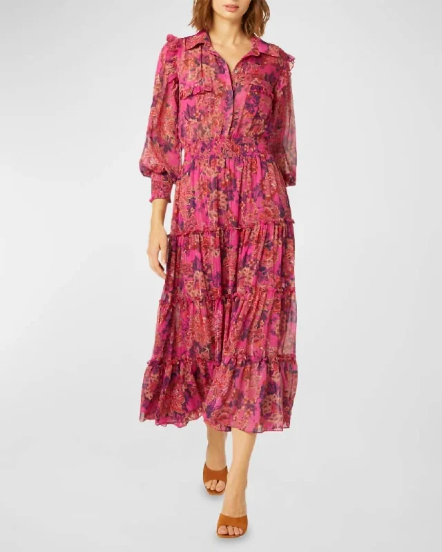 Marjan Smocked Tiered Floral Chiffon Midi Dress in Fuschia Batik Evening Looks