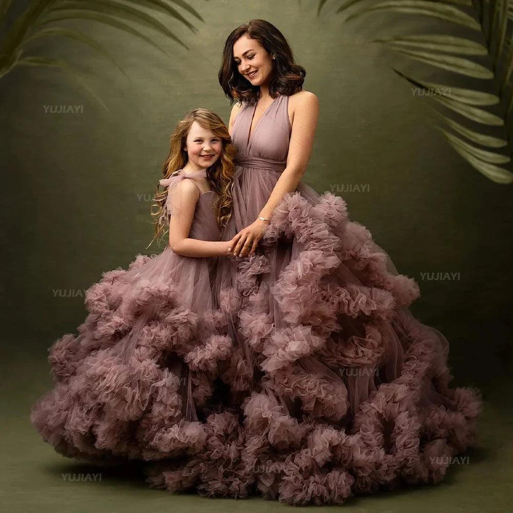 Mommy and Me Matching Dress Puffy Tulle Tiered Ruffles Mother and Daughter Dresses for Party or Photoshoot Family Look Ball Gown Vintage Look