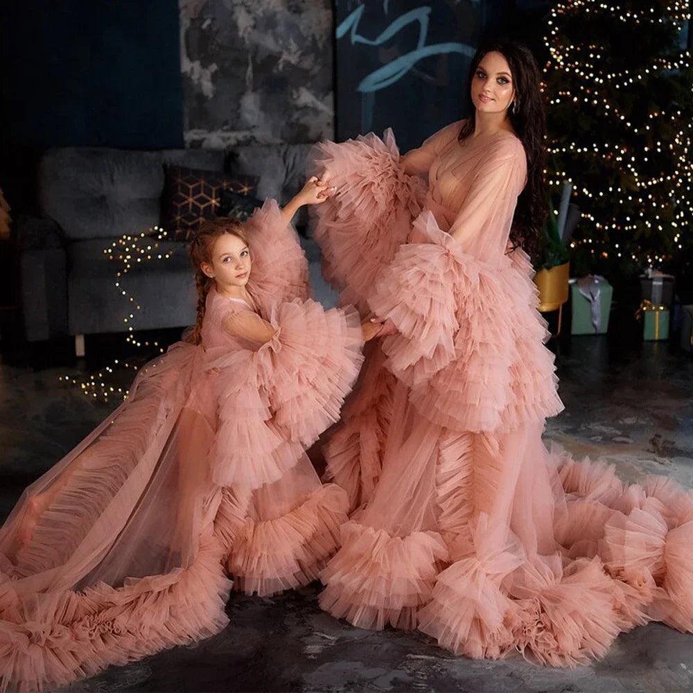 Mommy and Me Matching Puffy Tulle Dresses -  Mother-Daughter Birthday, Party, Prom, and Maternity Photoshoot Gowns Casual Elegance