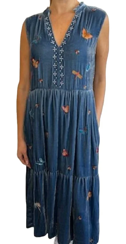 Monarca Velvet Ruffle Nect Tank Dress In Denim Indigo Chic Sophistication