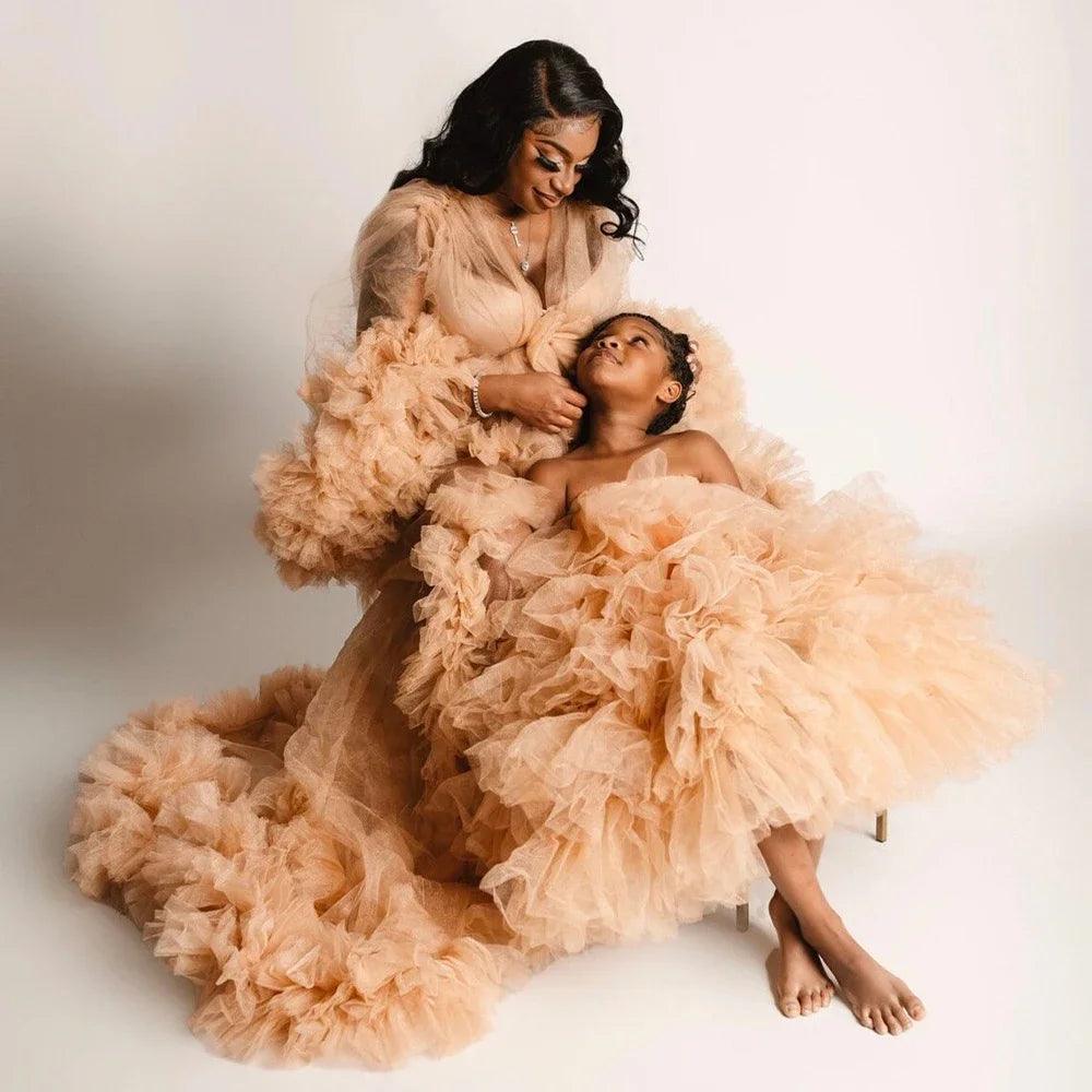 Mummy and Daughter Fluffy Tulle Gown - Maternity Photoshoot Robe, Princess Tutu Dress for Birthday & Prom Casual Chic Clothing