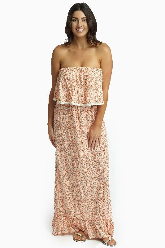 Orange Bohemian Crochet Trim Overlay Strapless Maxi Dress From Casual To Classy