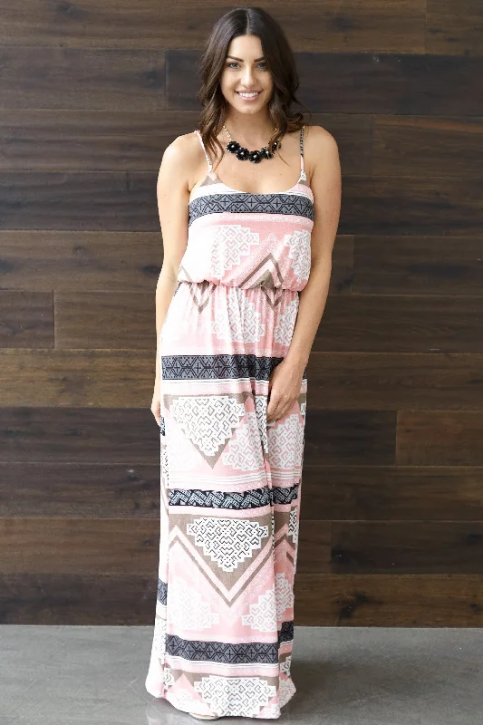 Pink Aztec Printed Maxi Dress Polished Finish